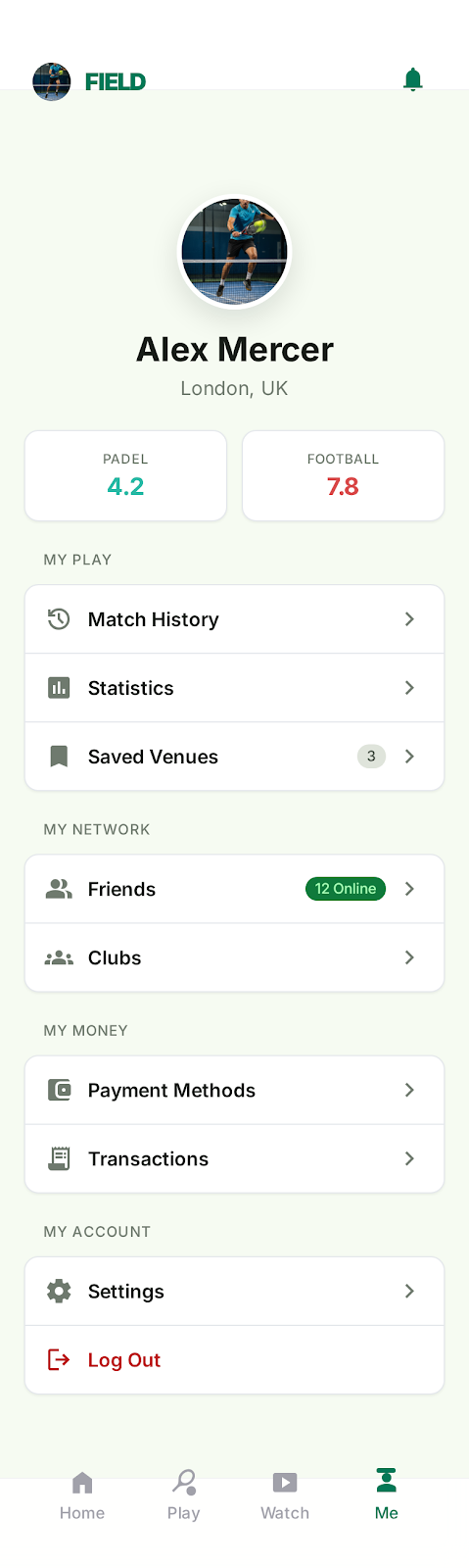 Field player profile — dual sport ratings, match history, club membership